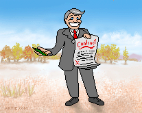 Cartoon of man with contract, standing in a field