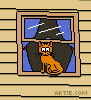 Cartoon of cat sitting in window