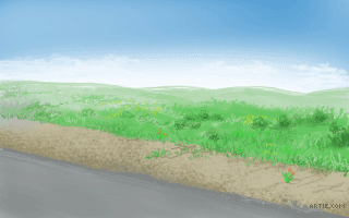 Landscape of plains, rolling hills and highway