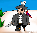 Still cartoon picture of pirate with parrot and sword