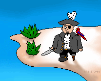 Still cartoon of pirate with parrot and sword on a beach