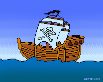 Cartoon of pirate ship with skull and crossbones symbol on sails